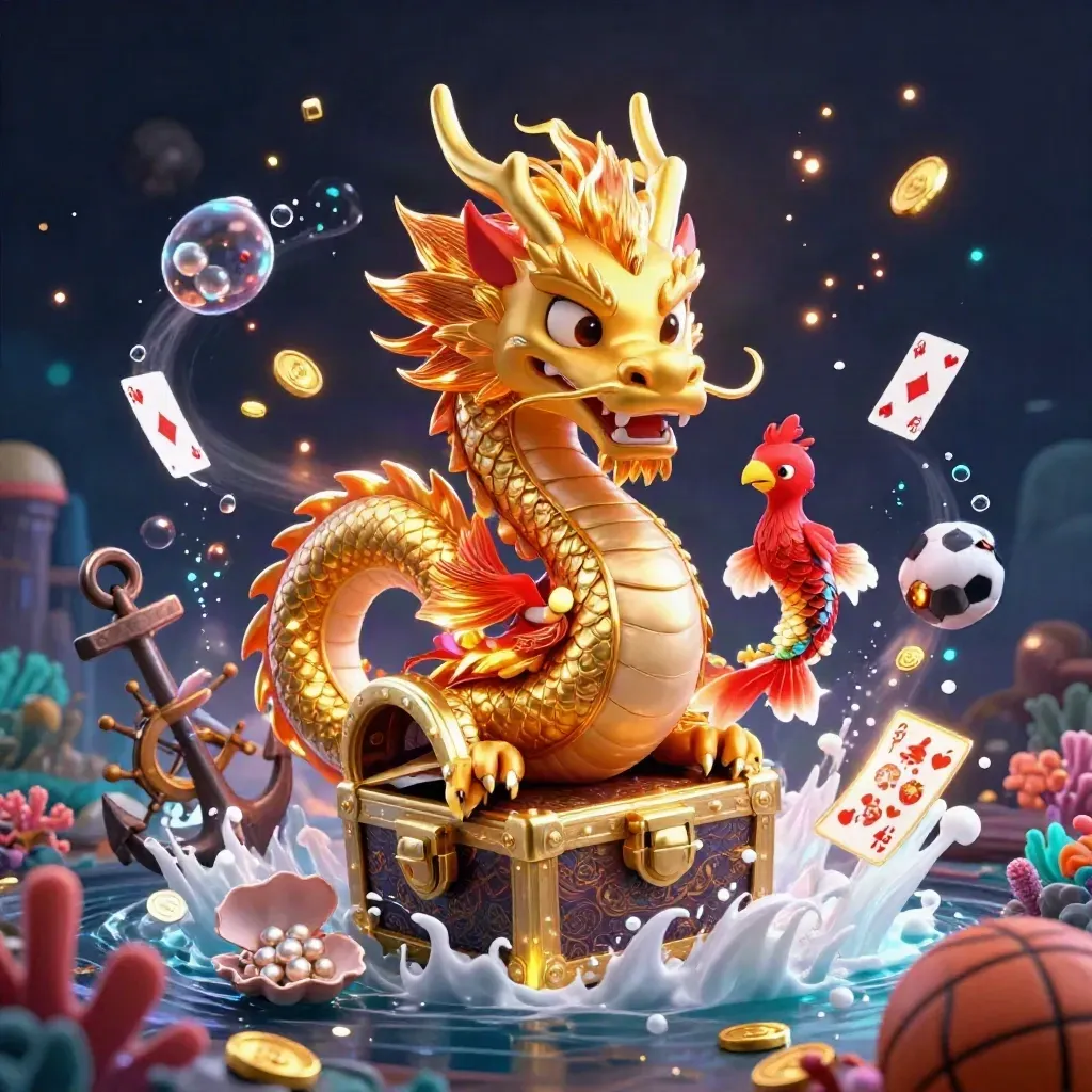 Golden dragon, phoenix and koi erupt in a treasure cove with coins, coral and neon lights.