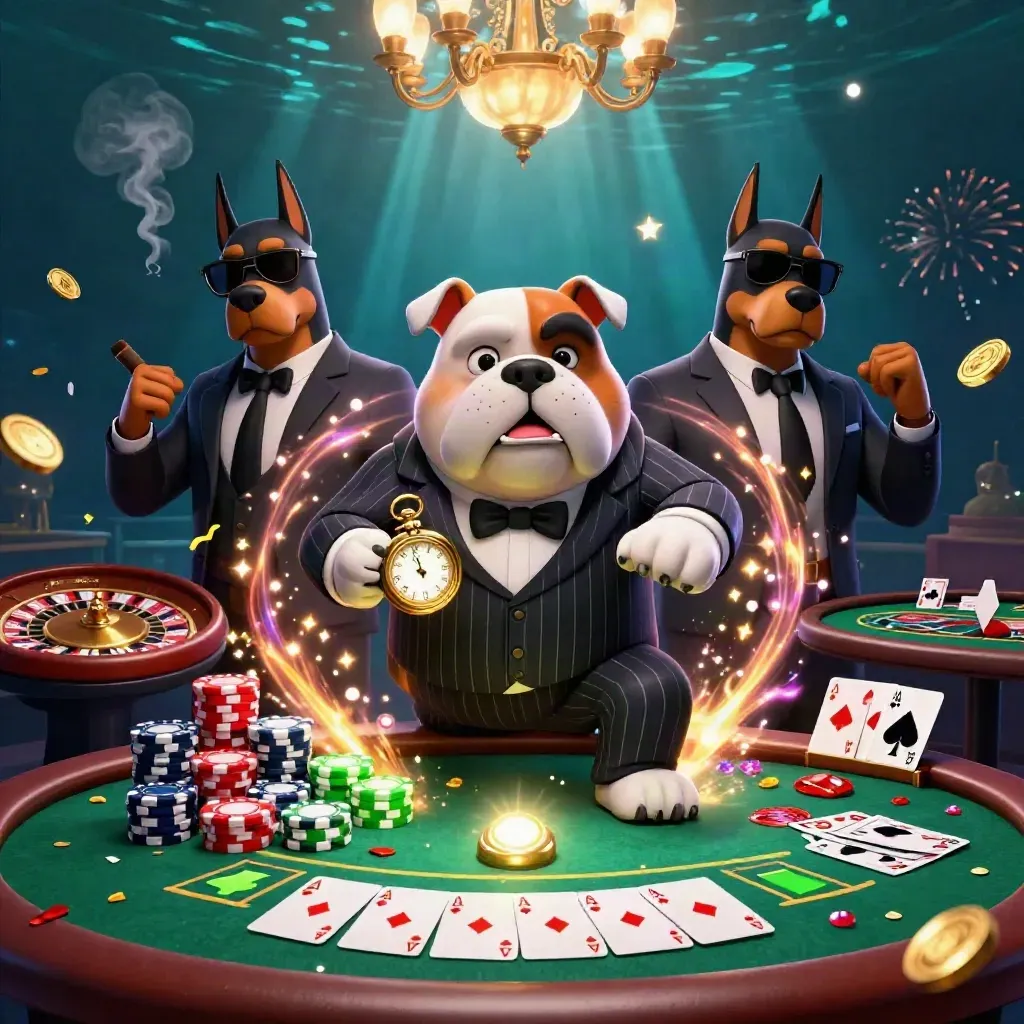 Cartoon mafia bulldog and Dobermans at a neon casino table with chips, cards, and fireworks.