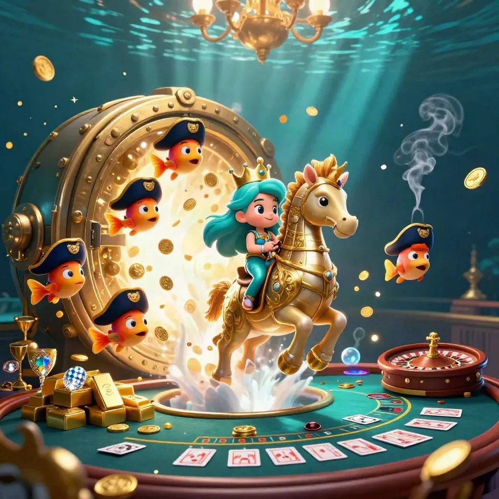 Cartoon mermaid princess on a golden seahorse in a glowing underwater casino vault.