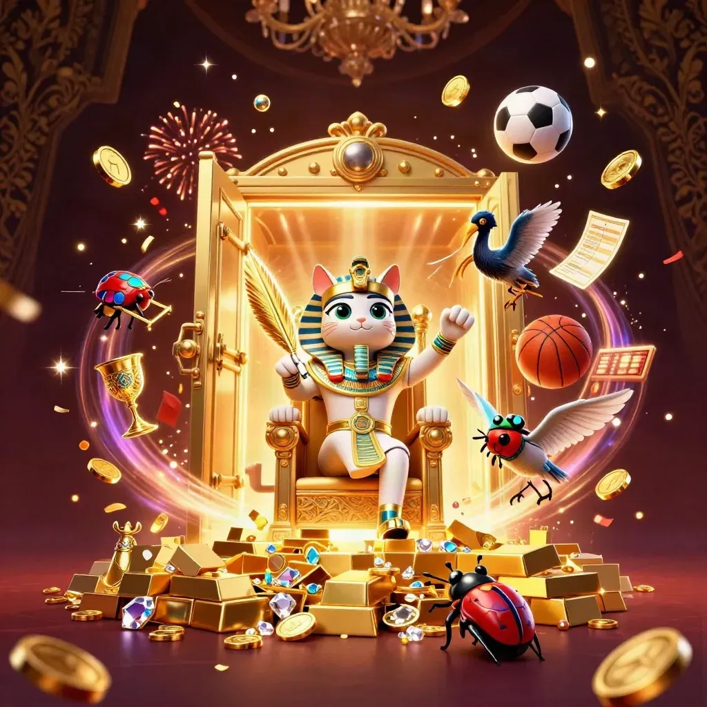 Pharaoh cat, ibis, and scarabs celebrate a vault burst with gold, gems, sports balls, and fireworks.