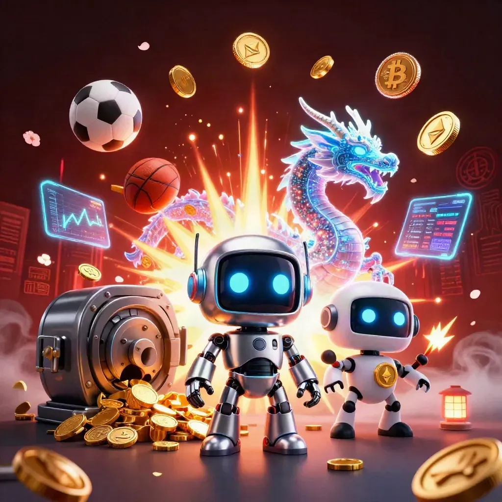 Cyberpunk robot, AI dragon, and drone amid exploding gold coins, sports betting icons, and fireworks