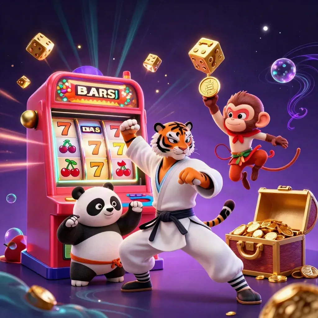 Kung-fu tiger, panda, and monkey amid slot reels, gold, and jackpot energy on a dark neon background.