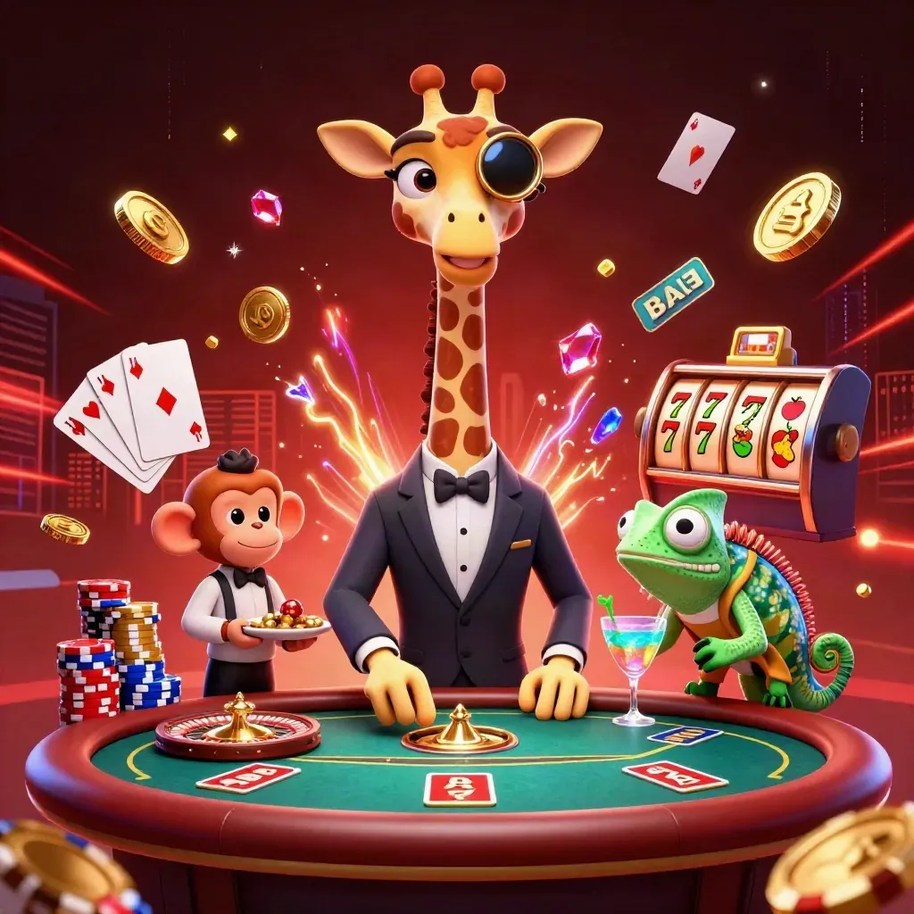 Giraffe gambler, monkey valet, and chameleon bartender amid casino coins, chips, cards, and neon energy.